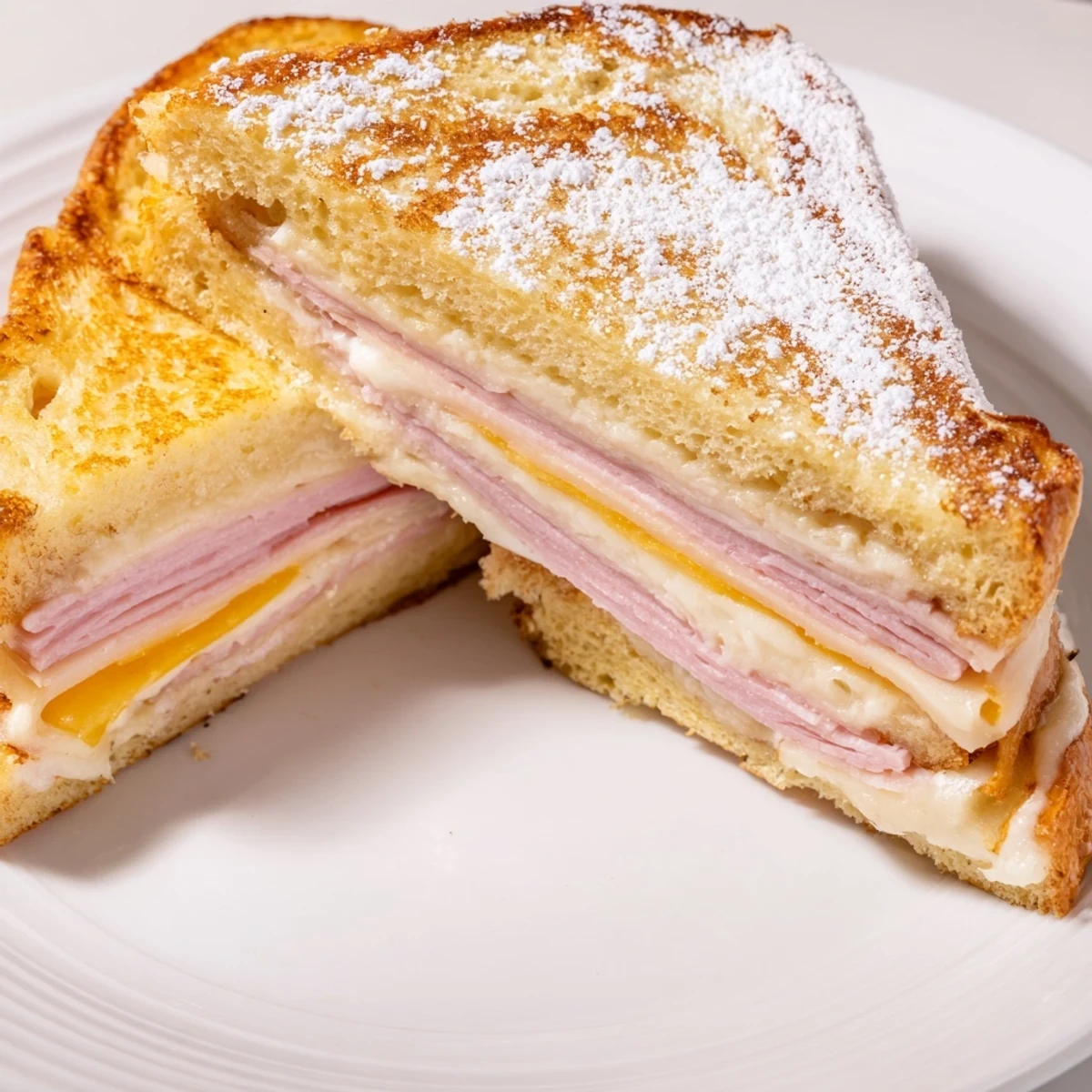 Golden, pan-fried Monte Cristo sandwich overflowing with melted Swiss cheese, ready to devour.