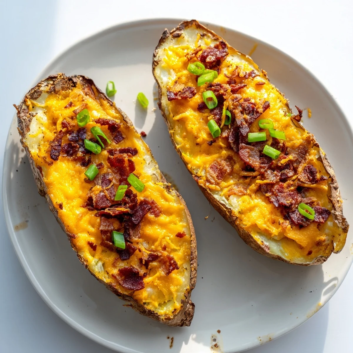 Close-up of golden Potato Skins with melted cheese, crispy bacon, and fresh chives.