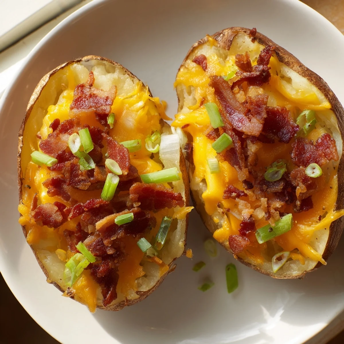 Perfectly baked Potato Skins loaded with cheddar, bacon, and green onions, ready to eat.