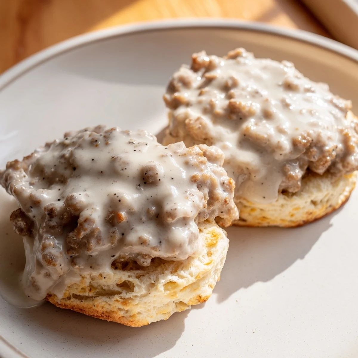 Golden, flaky biscuits and gravy, a hearty Southern breakfast, ready to serve and enjoy.