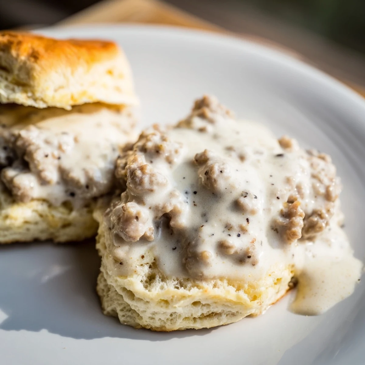 Flaky biscuits with sausage gravy