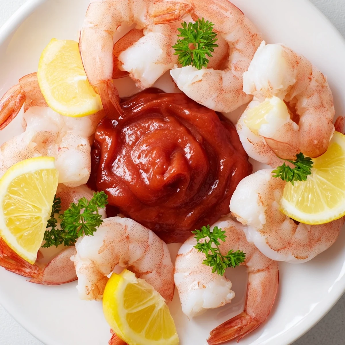 A refreshing platter of delicious shrimp cocktail, garnished with lemon wedges and fresh parsley.