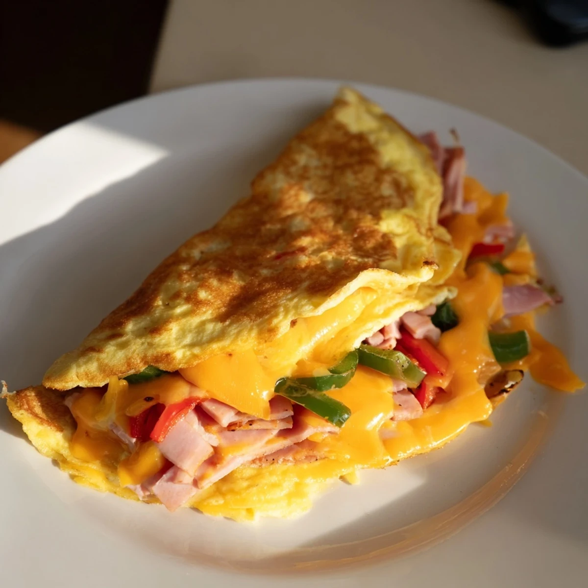 A fluffy Denver Omelet reveals a golden exterior, packed with colorful bell peppers and cheese.
