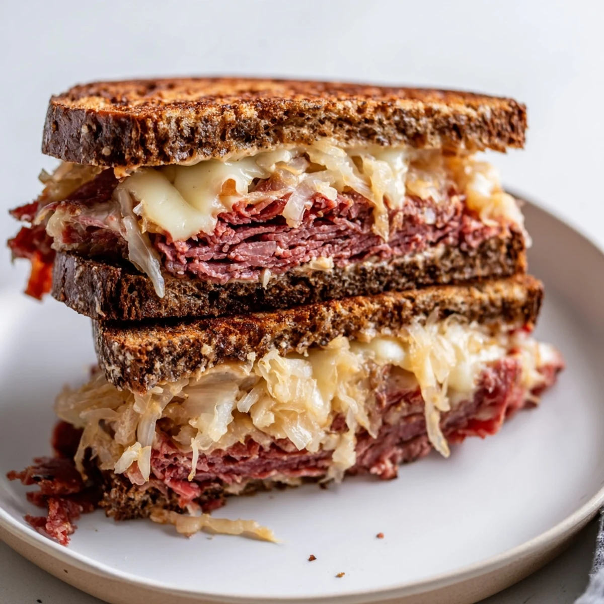 A close-up of a perfectly toasted Reuben sandwich, ready to slice and enjoy with a hearty bite.