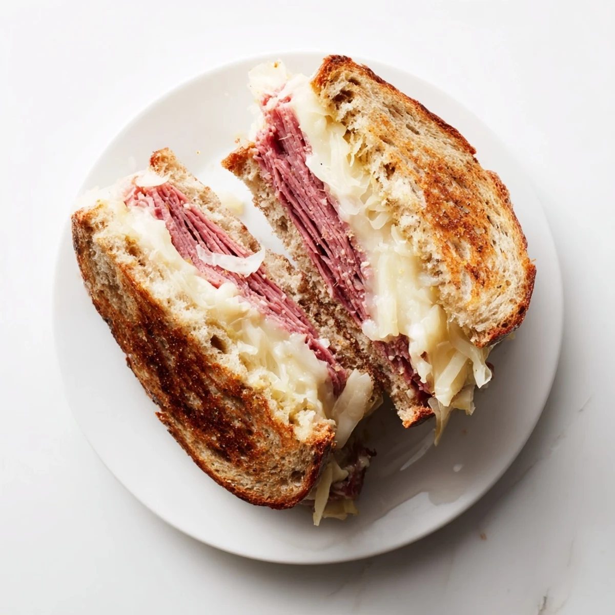 Warm, delicious Reuben sandwich showcasing layers of ingredients, perfect for a satisfying lunch or dinner.