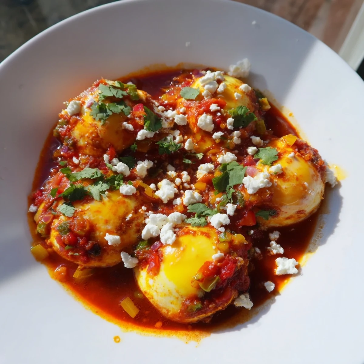 Shakshuka with runny yolks, red bell peppers, and crusty bread, ready to eat for brunch.