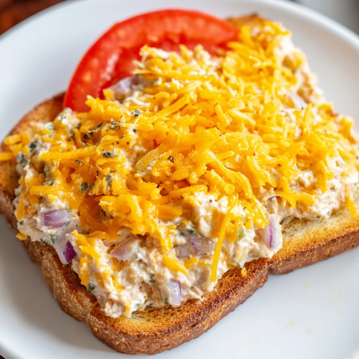 Golden, bubbly Tuna Melt, a comforting American classic on toasted bread ready to enjoy.