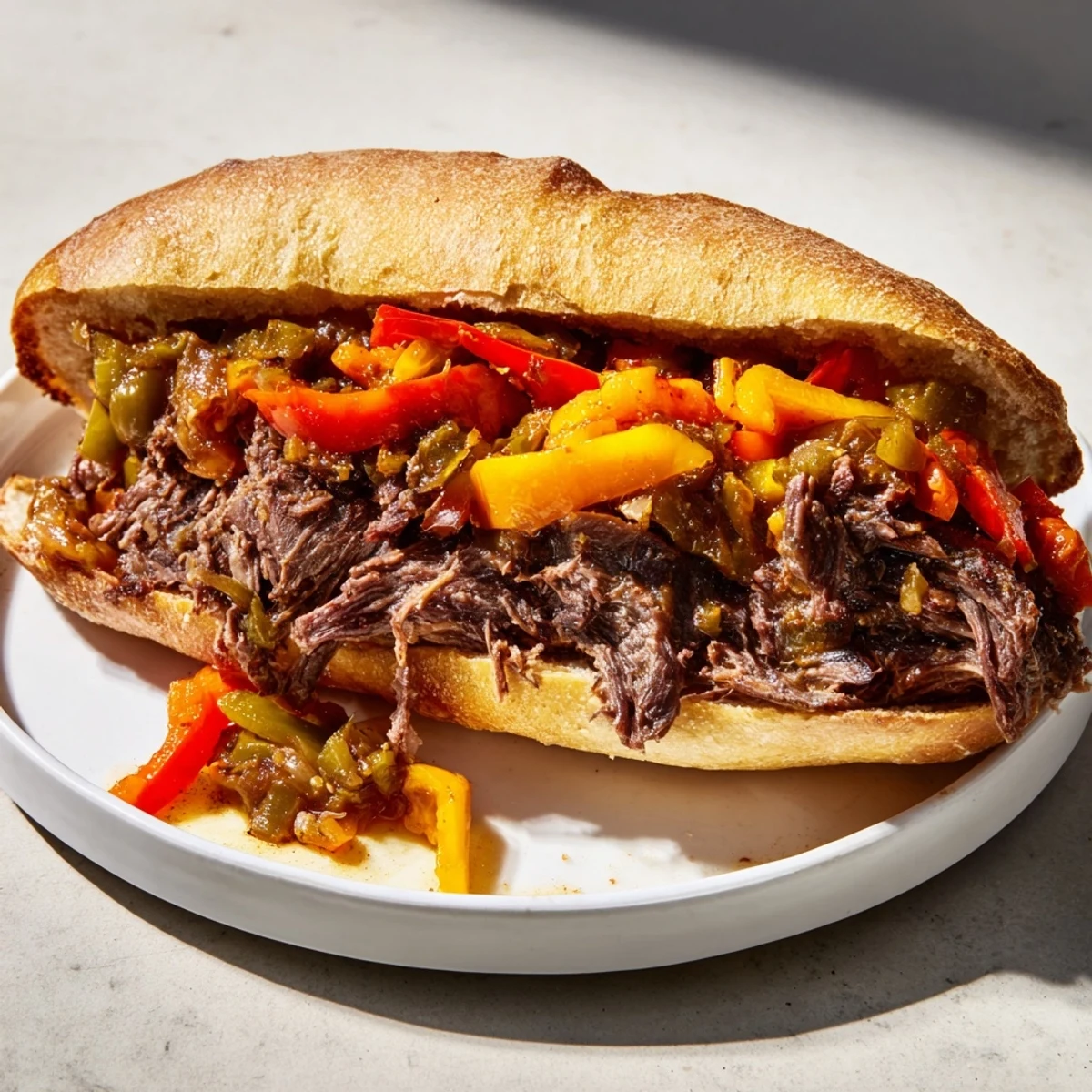 Mouthwatering Italian Beef Sandwich, piled high with beef and vegetables, served with a side of dipping sauce.