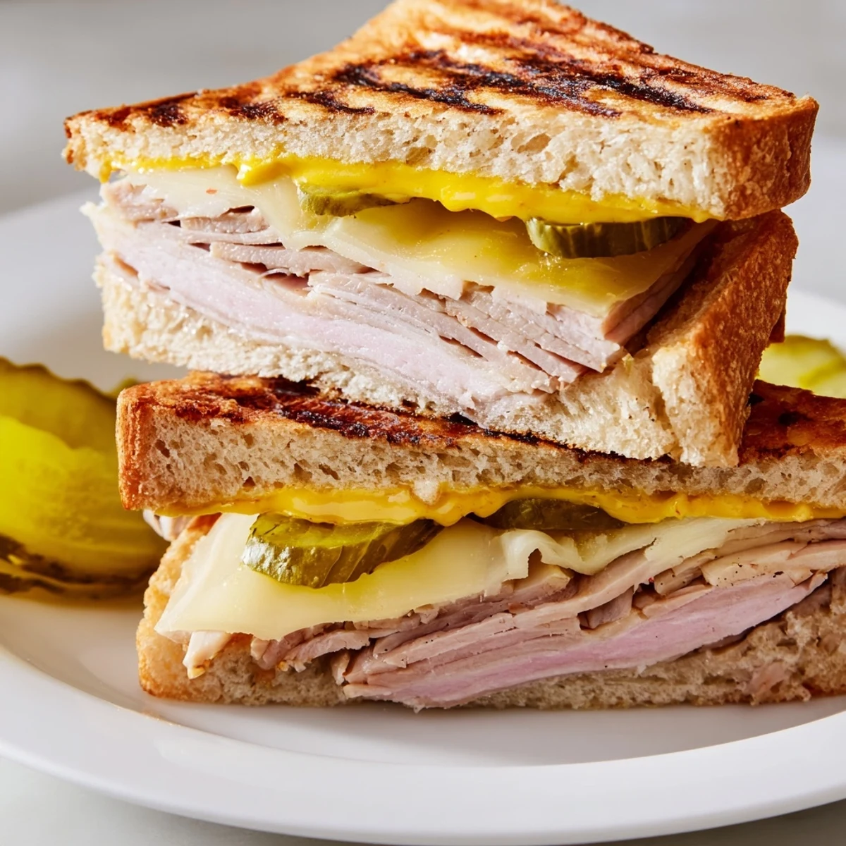 Golden-brown Cuban Sandwich, pressed until melty, with visible layers of pork, ham, and cheese.