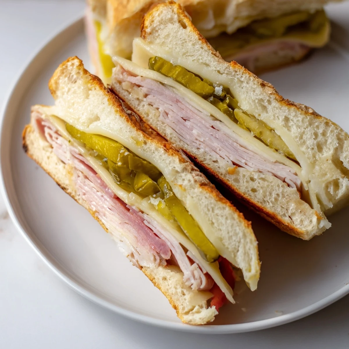 Serving suggestion: Slice this delicious Cuban Sandwich diagonally, ready to enjoy its flavors.
