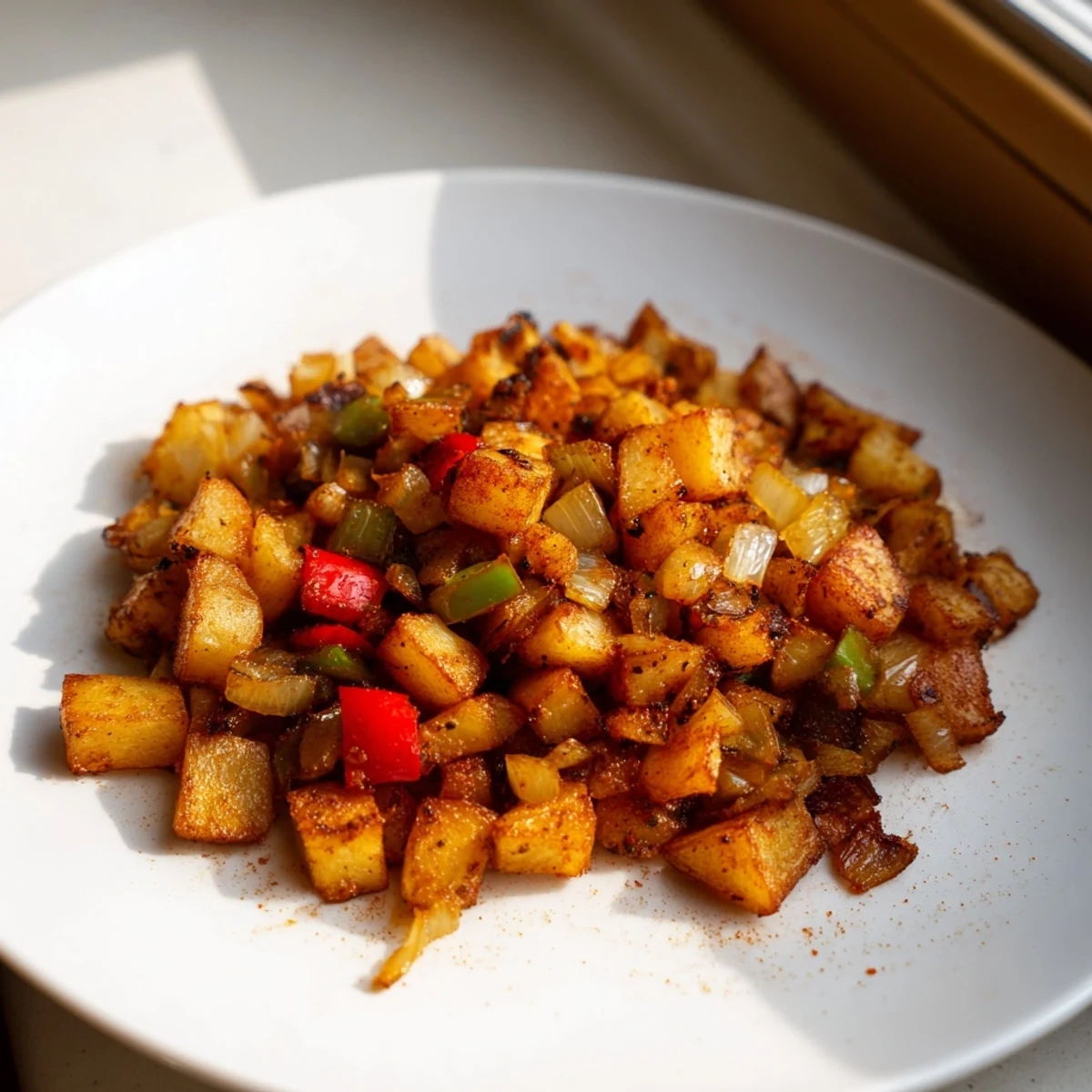Golden-brown home fries with crispy edges, and sautéed onions and peppers, ready to eat.