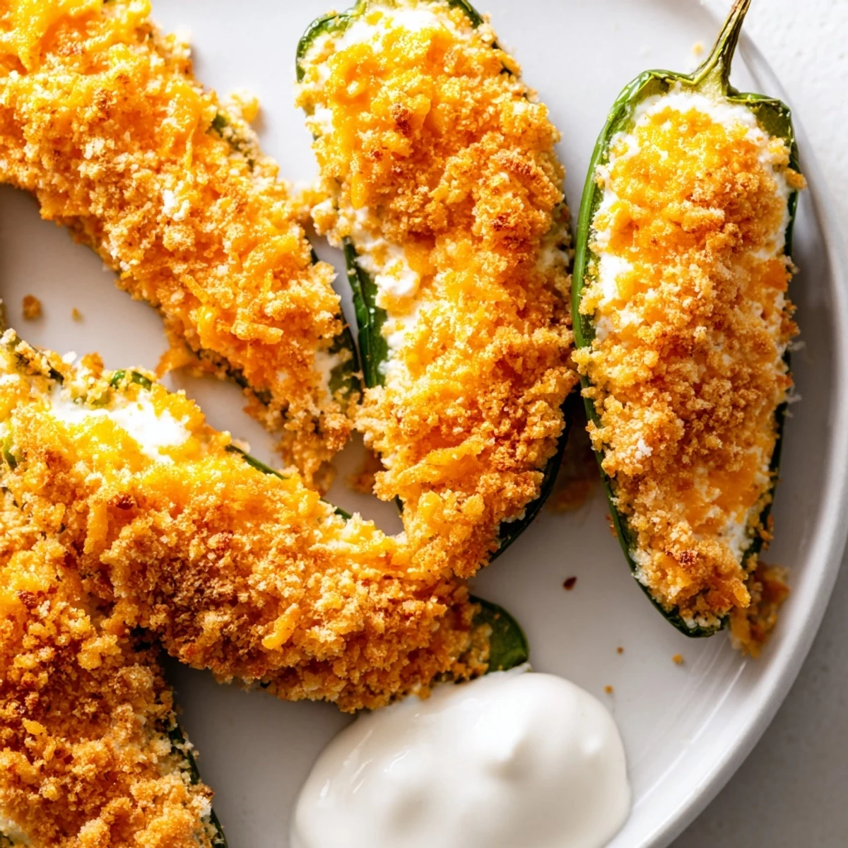 Crispy, golden jalapeño poppers, piping hot from the fryer, are served with creamy ranch dressing.