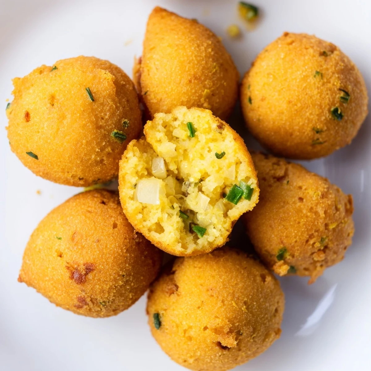 Close-up of freshly fried Hushpuppies, showing delicious texture and golden, savory appeal.
