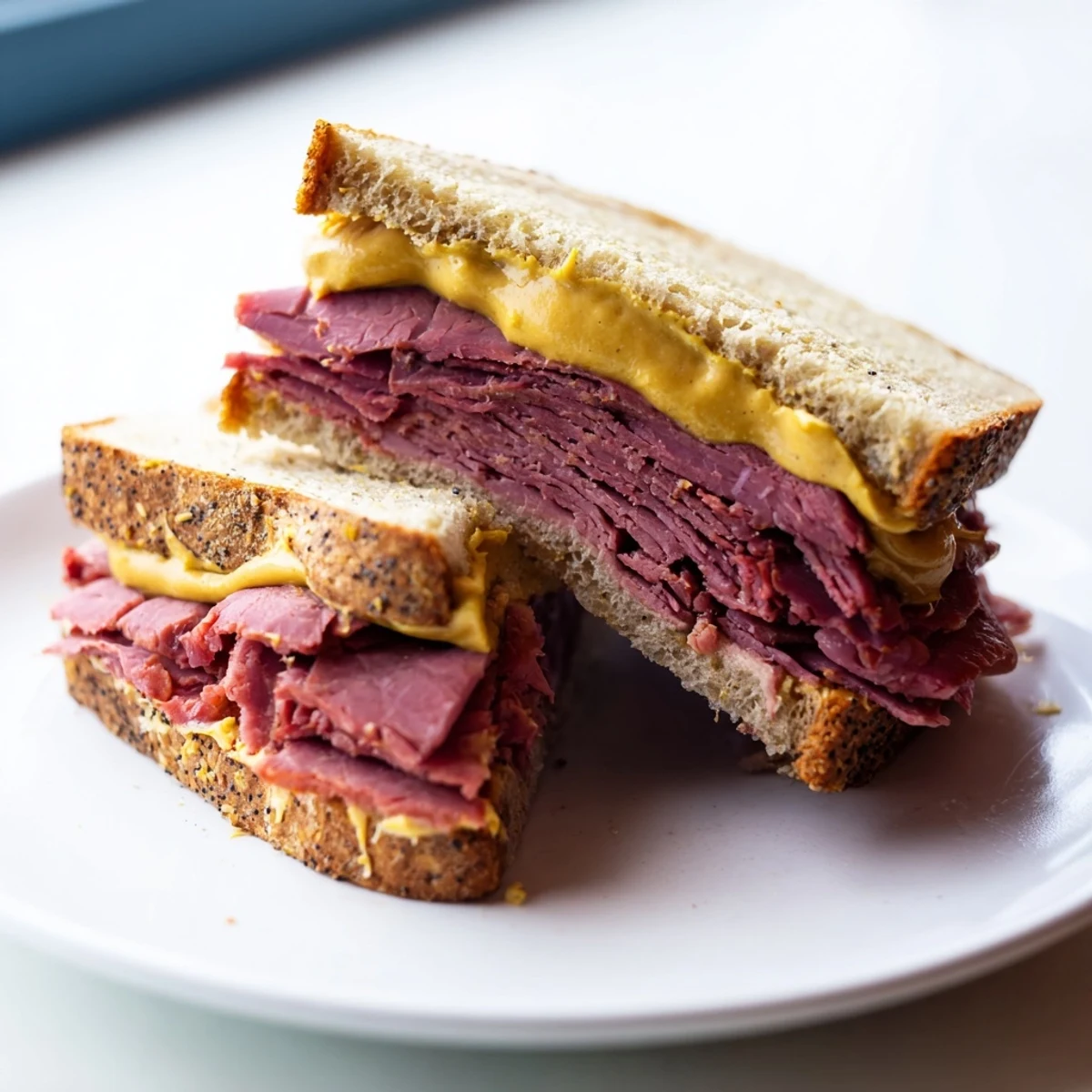 Toasted rye bread sandwich filled with flavorful pastrami, delicious mustard, and ready to enjoy.