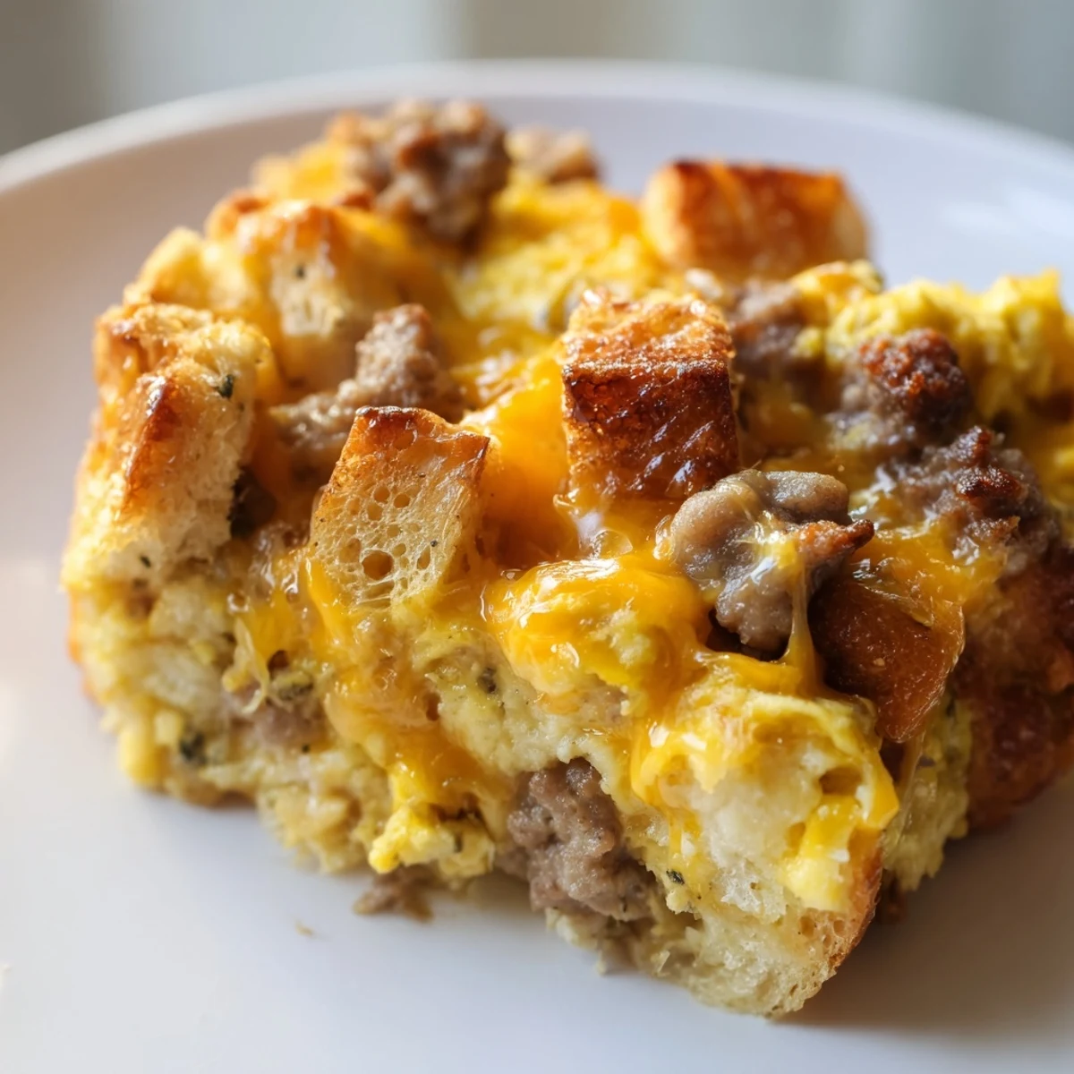 Breakfast Sausage Casserole bubbling golden-brown with cheese, sausage, and bread cubes perfect for brunch.