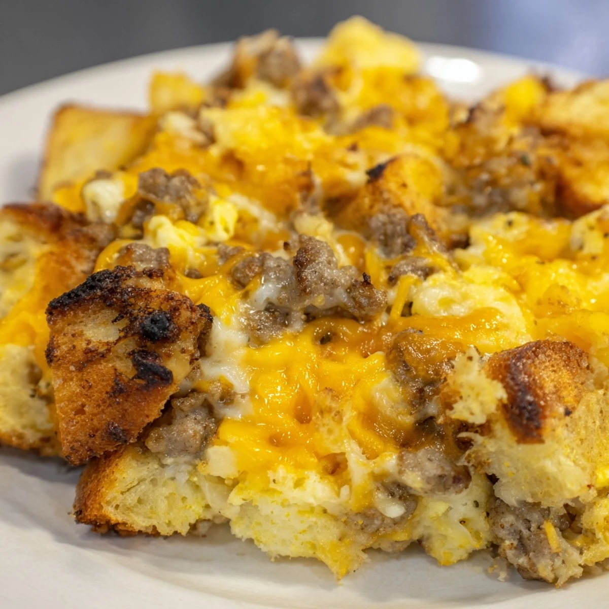 Fluffy baked Breakfast Sausage Casserole, a comforting breakfast with savory sausage and golden bread.