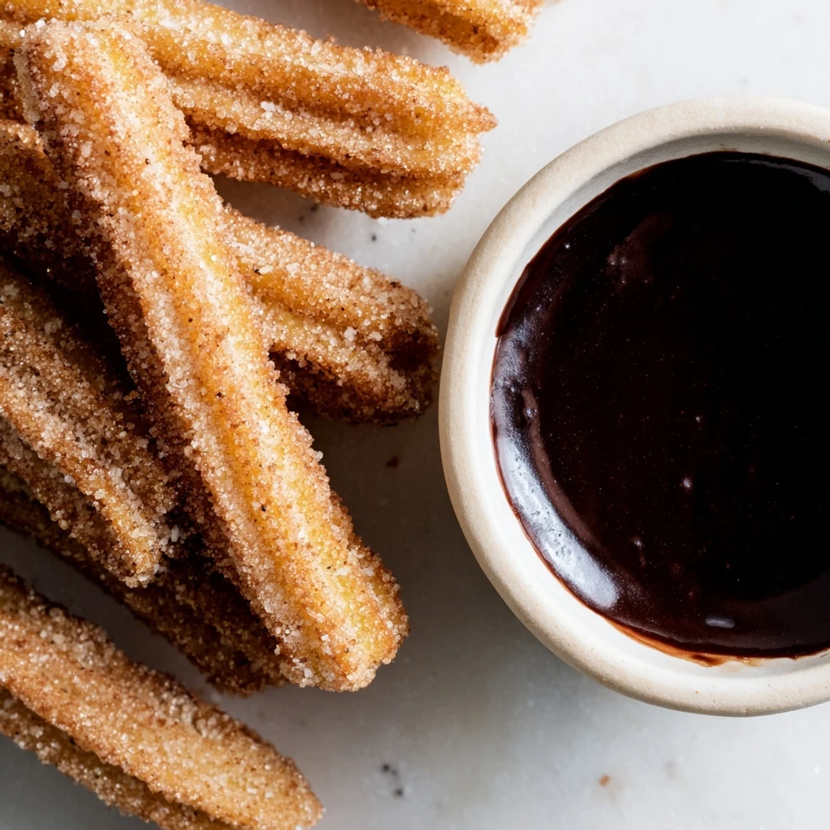 Golden-brown, crispy churros coated in cinnamon sugar, ready to be dipped into rich, dark chocolate sauce.