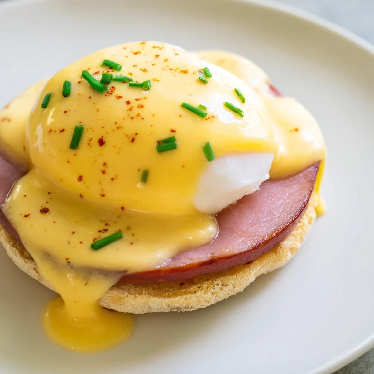 A plate of Eggs Benedict with perfectly poached eggs, runny yolks, and Canadian bacon.