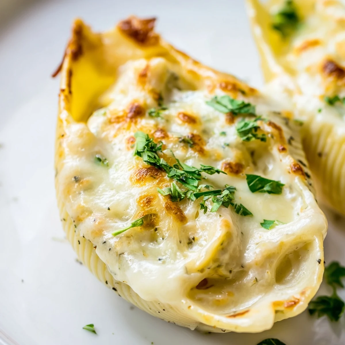 Jumbo pasta shells stuffed with creamy chicken Alfredo filling, baked until golden and bubbling in a white ceramic dish.