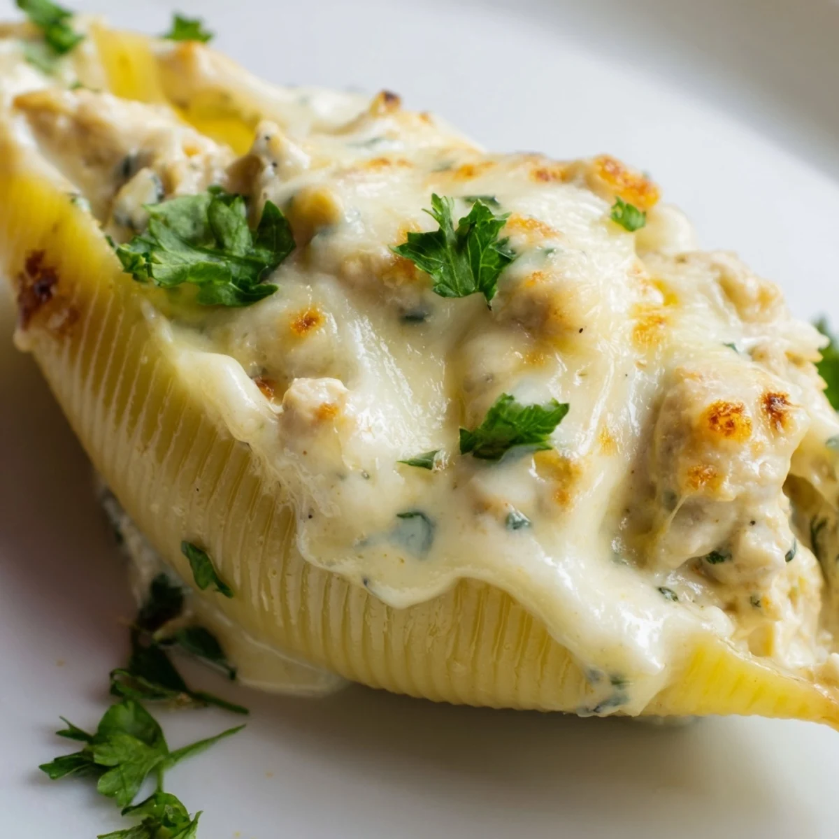 Creamy Chicken Alfredo Stuffed Shells topped with melted cheese and fresh parsley, served beside a simple green salad.