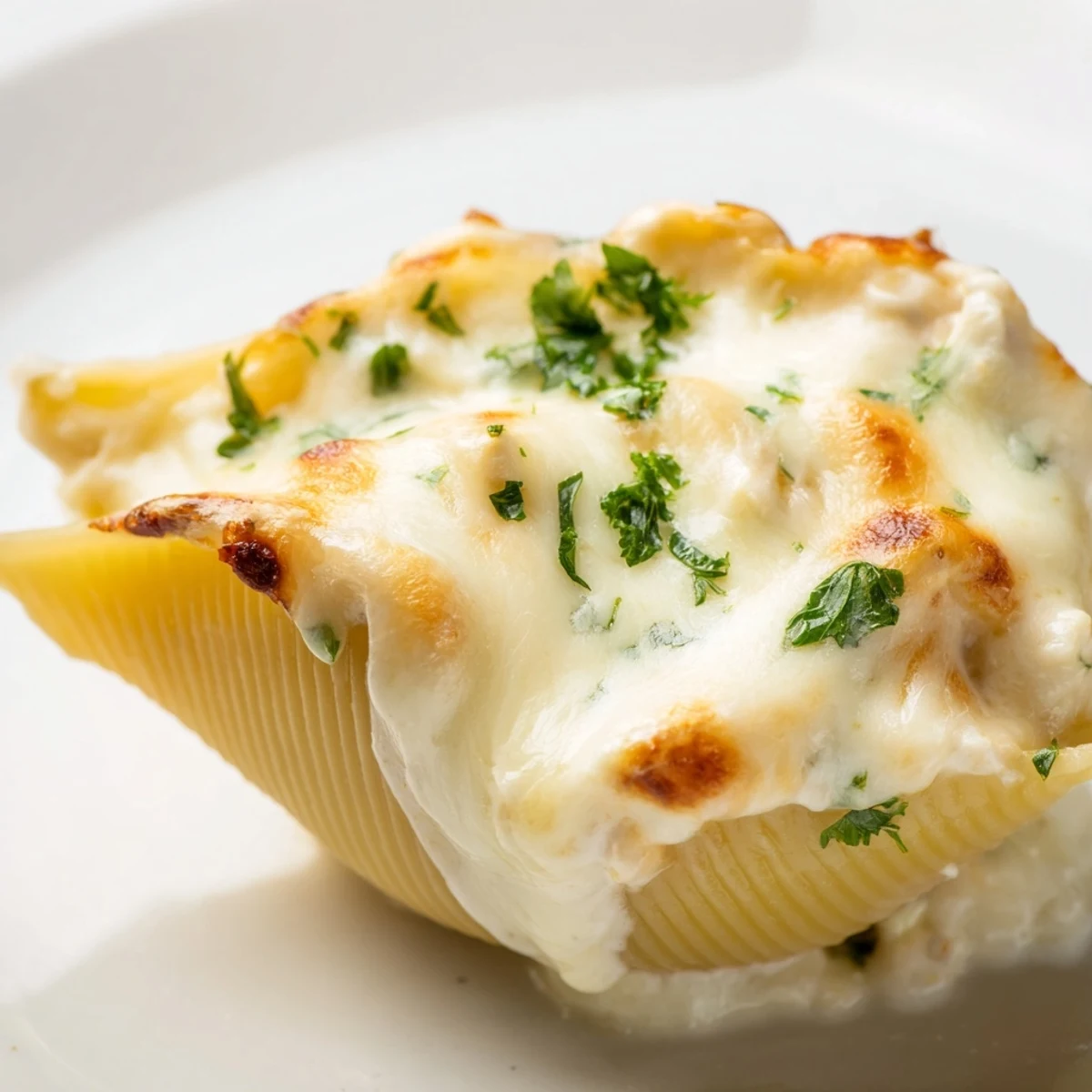 Golden-brown Chicken Alfredo Stuffed Shells with a rich sauce, revealing tender pasta and cheesy chicken filling in a baking dish.