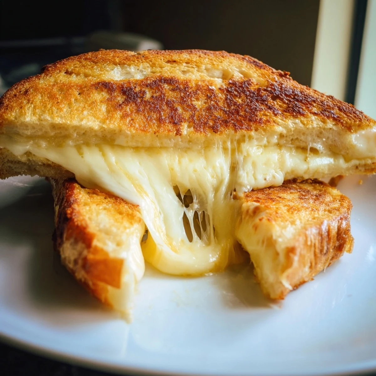 Golden-brown Three-Cheese Grilled Cheese slices sit on a wooden board, showcasing the gooey, melted mozzarella, cheddar, and provolone inside.