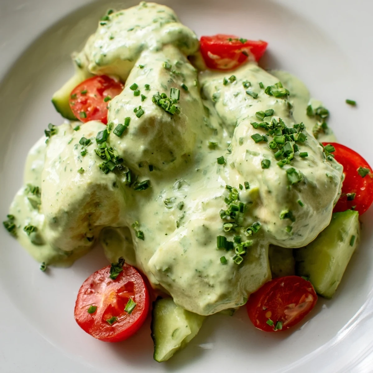 Creamy avocado ranch chicken salad with tender grilled chicken, crisp cherry tomatoes, and crunchy cucumber on fresh greens.  