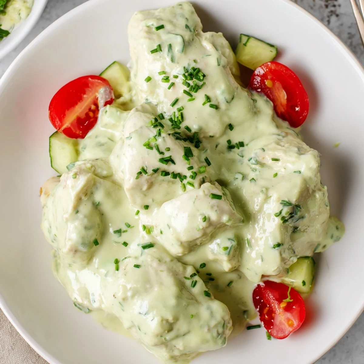 Savory grilled chicken pieces in avocado ranch chicken salad served over mixed greens with a zesty, creamy dressing.