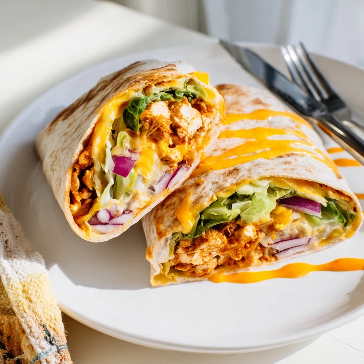 Golden Buffalo Ranch Chicken Wrap, sliced in half to show layers of spicy shredded chicken, crisp romaine, and melty cheddar nestled in a soft tortilla.