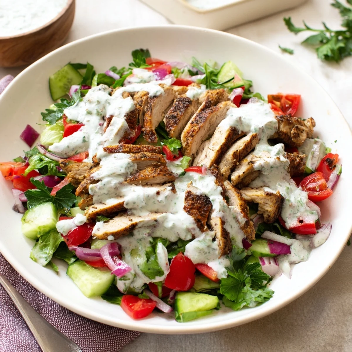 Colorful Chicken Shawarma Salad on a white plate, featuring tender sliced chicken, crisp veggies, and herbs beside a small dressing bowl.  