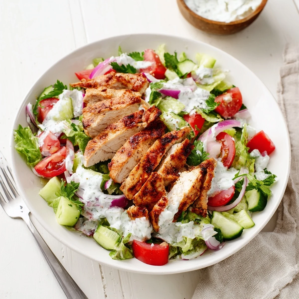 Vibrant Chicken Shawarma Salad with grilled spiced chicken, fresh diced cucumbers, tomatoes, and a creamy yogurt dressing drizzled over greens.  