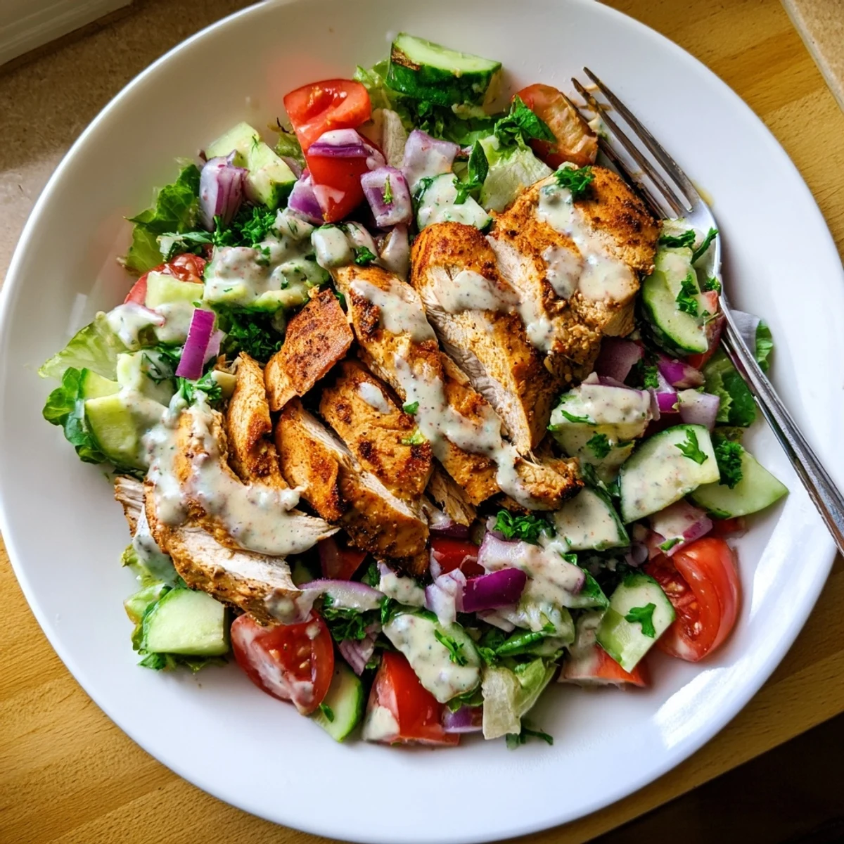 Savory Chicken Shawarma Salad presented as a hearty main dish, topped with charred chicken slices and tangy yogurt sauce for dinner.