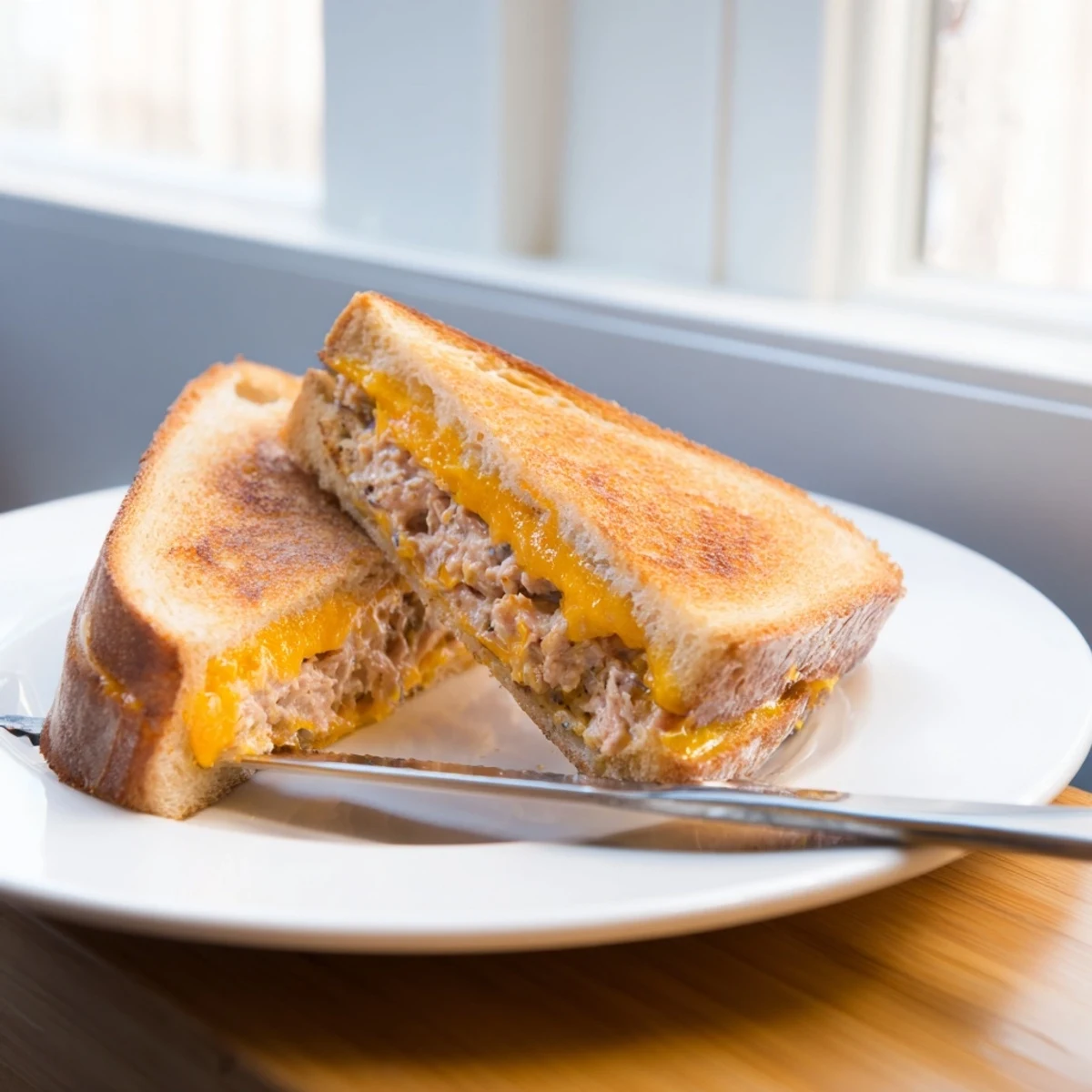 Golden, toasted sourdough slices stuffed with spicy tuna salad and gooey cheddar cheese, served warm.