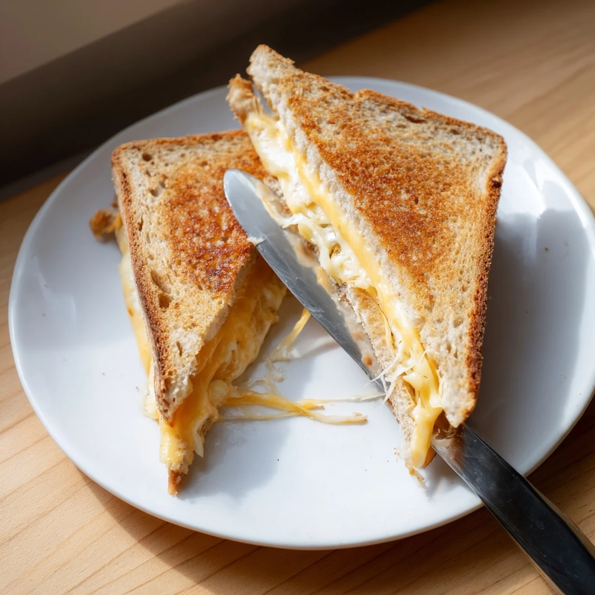 Golden-brown slices of thick sourdough bread hold layers of melted cheddar and provolone in a Triple Cheese Sourdough Grilled Cheese.