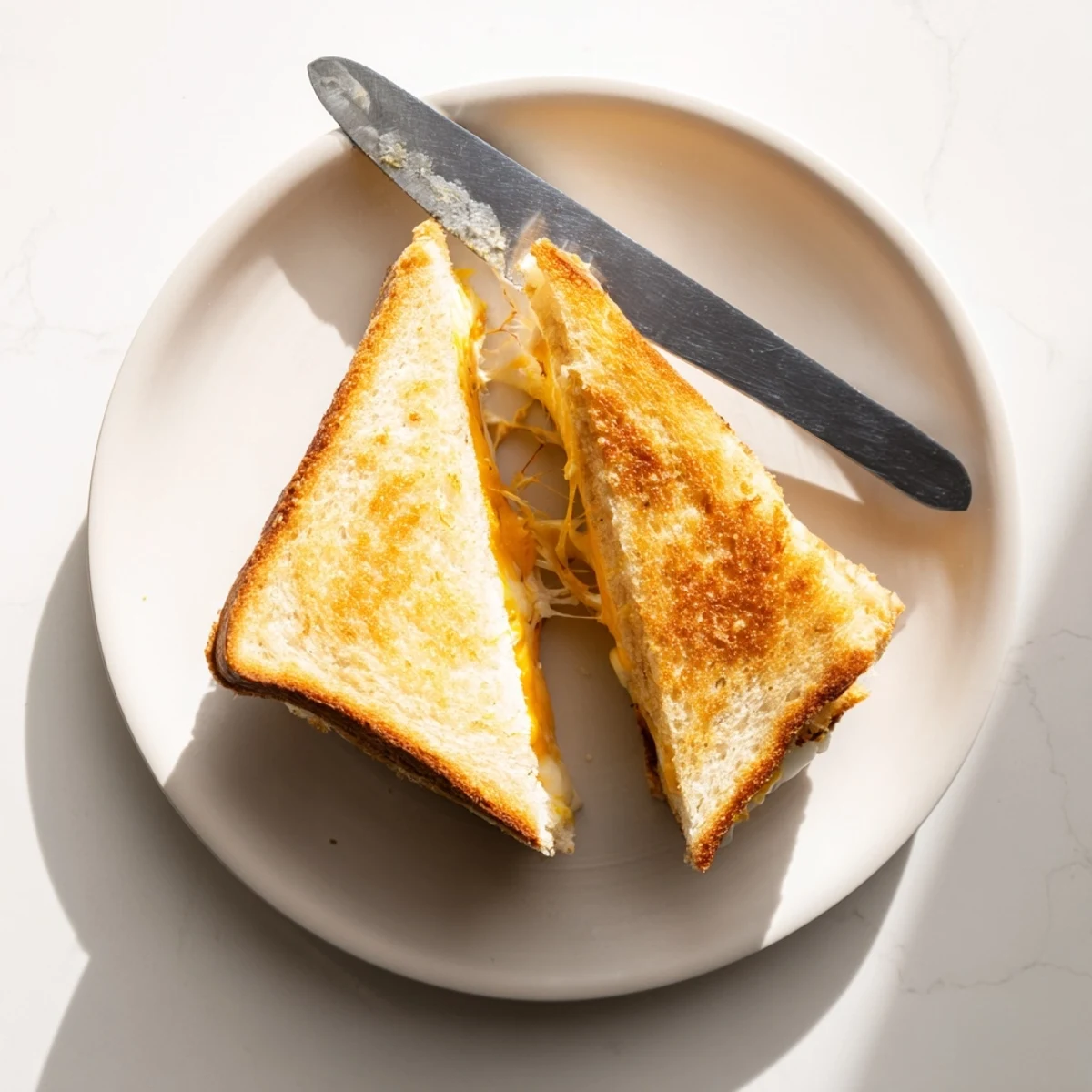 Homemade Triple Cheese Sourdough Grilled Cheese served on a wooden board, ready to dip into a bowl of creamy tomato soup.