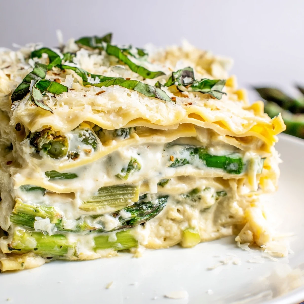 Golden, bubbling Spring Veggie Alfredo Lasagna layers fresh asparagus, snap peas, and spinach in a light cream sauce.