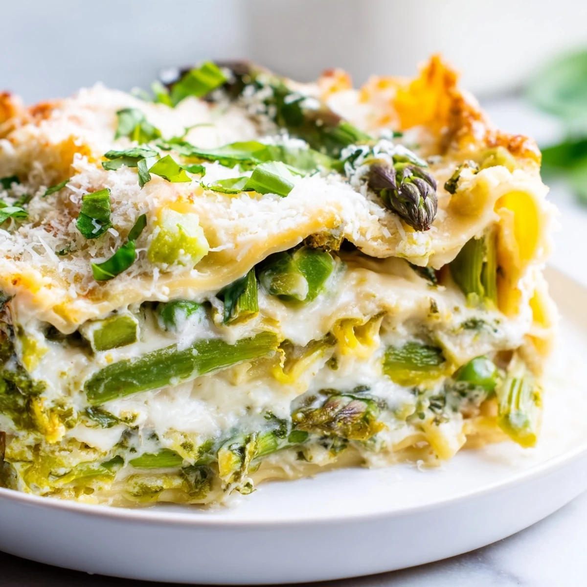 Spring Veggie Alfredo Lasagna with vibrant green vegetables, fresh basil garnish, and a slice lifted for serving.