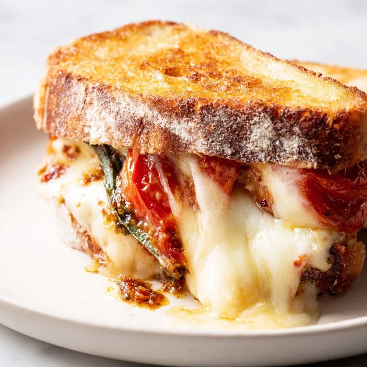 Golden-brown Roasted Tomato Pesto Grilled Cheese sandwiches, sliced diagonally to reveal layers of melty cheese and vibrant roasted tomato slices on a rustic plate.