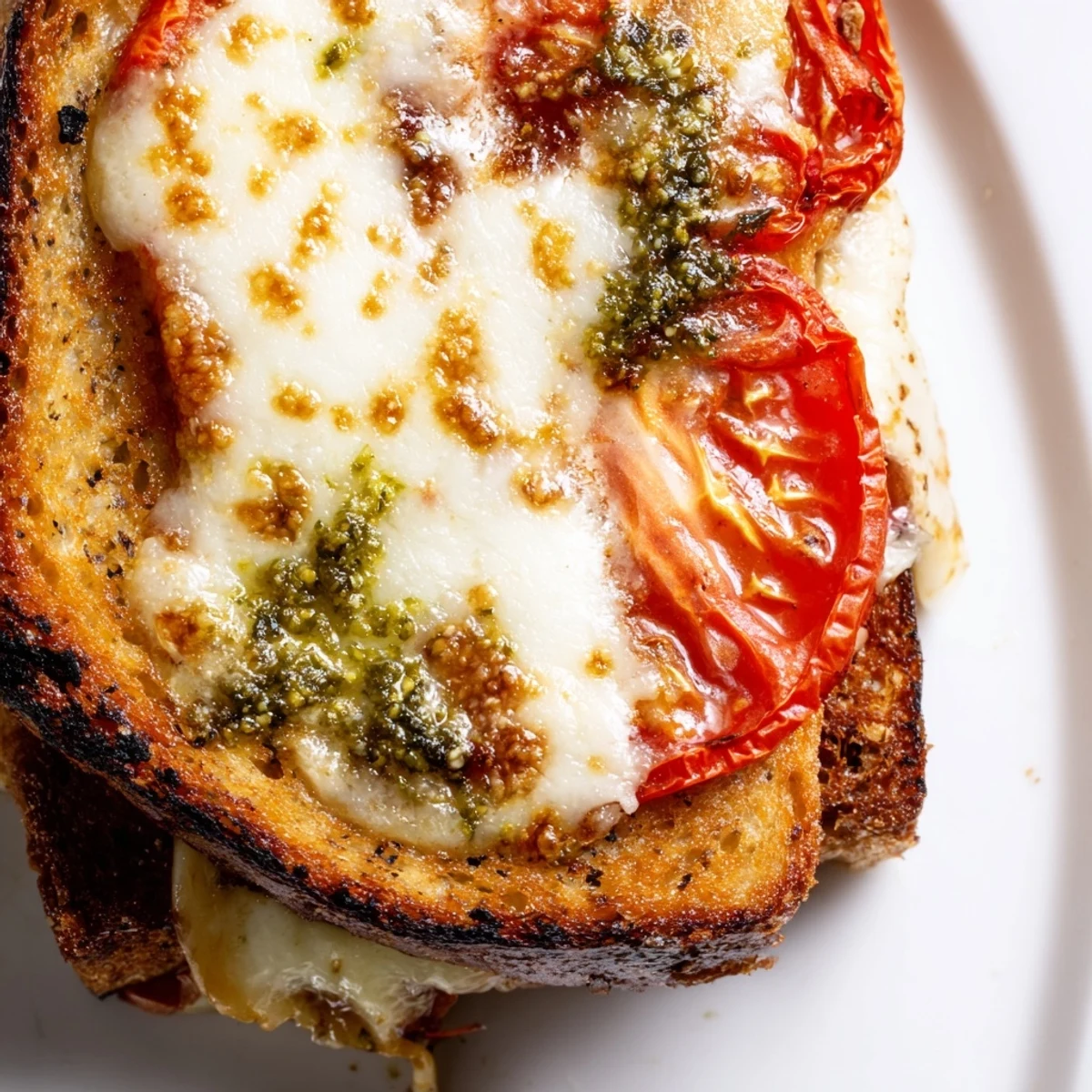 A gourmet Roasted Tomato Pesto Grilled Cheese resting on a wooden cutting board, showcasing fresh basil pesto spread and caramelized tomatoes peeking out.