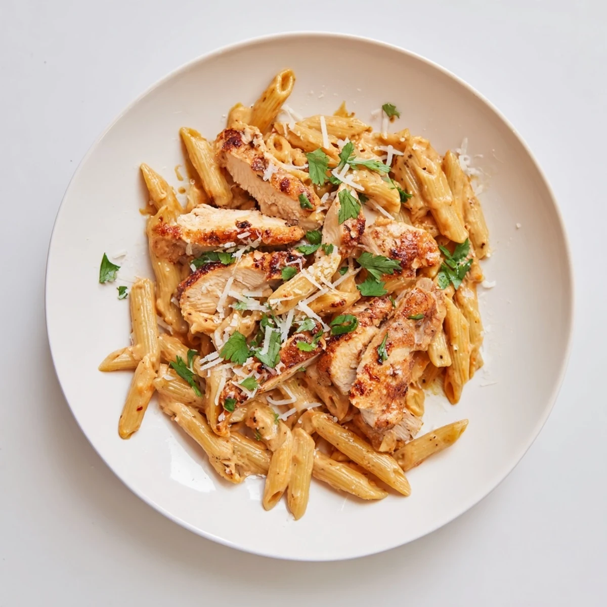 Golden seared chicken slices resting atop a bowl of penne pasta coated in a glossy, creamy honey chipotle sauce, garnished with fresh cilantro.