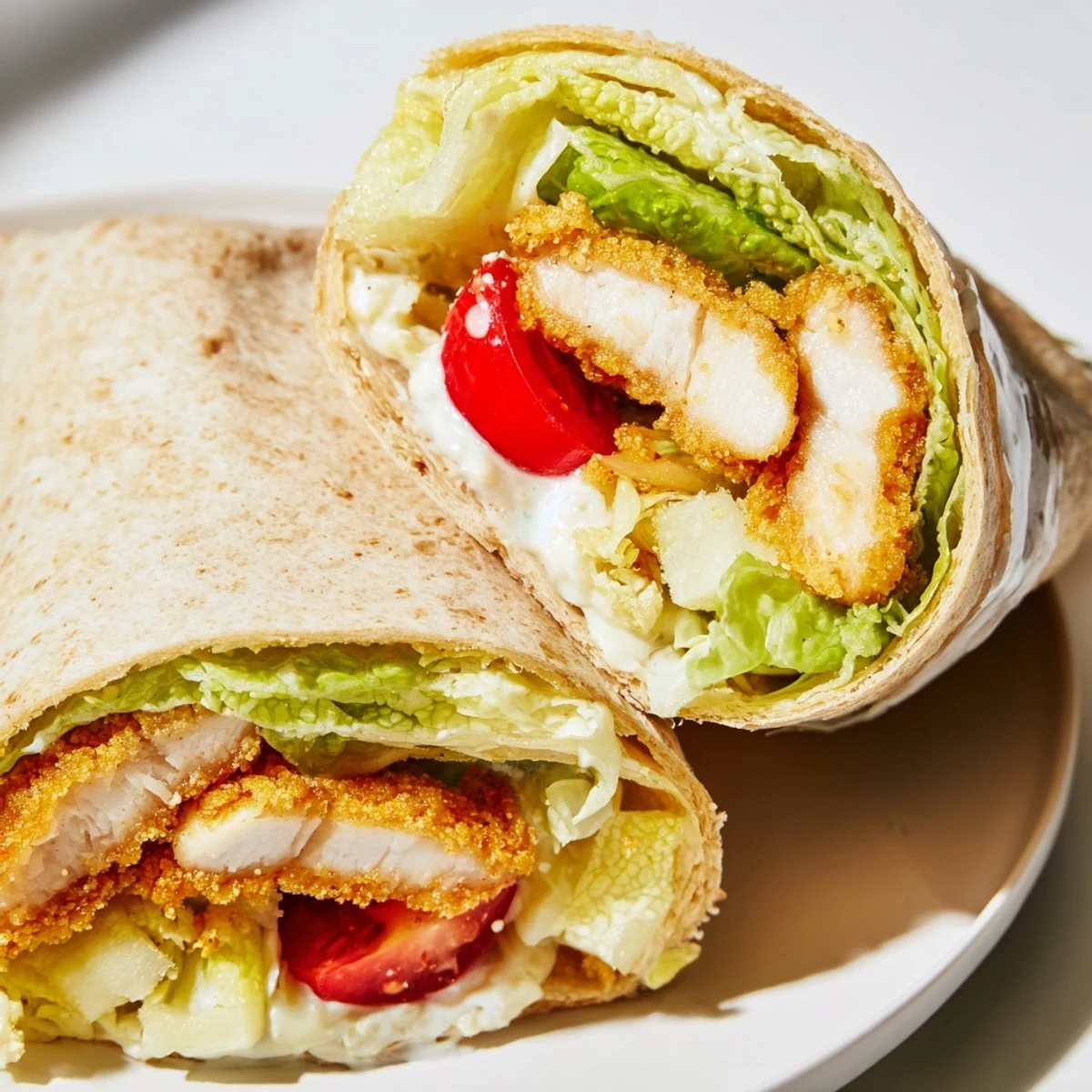 Golden fried chicken strips coated in spicy hot honey nestled inside a soft flour tortilla with crisp romaine and creamy Caesar dressing.