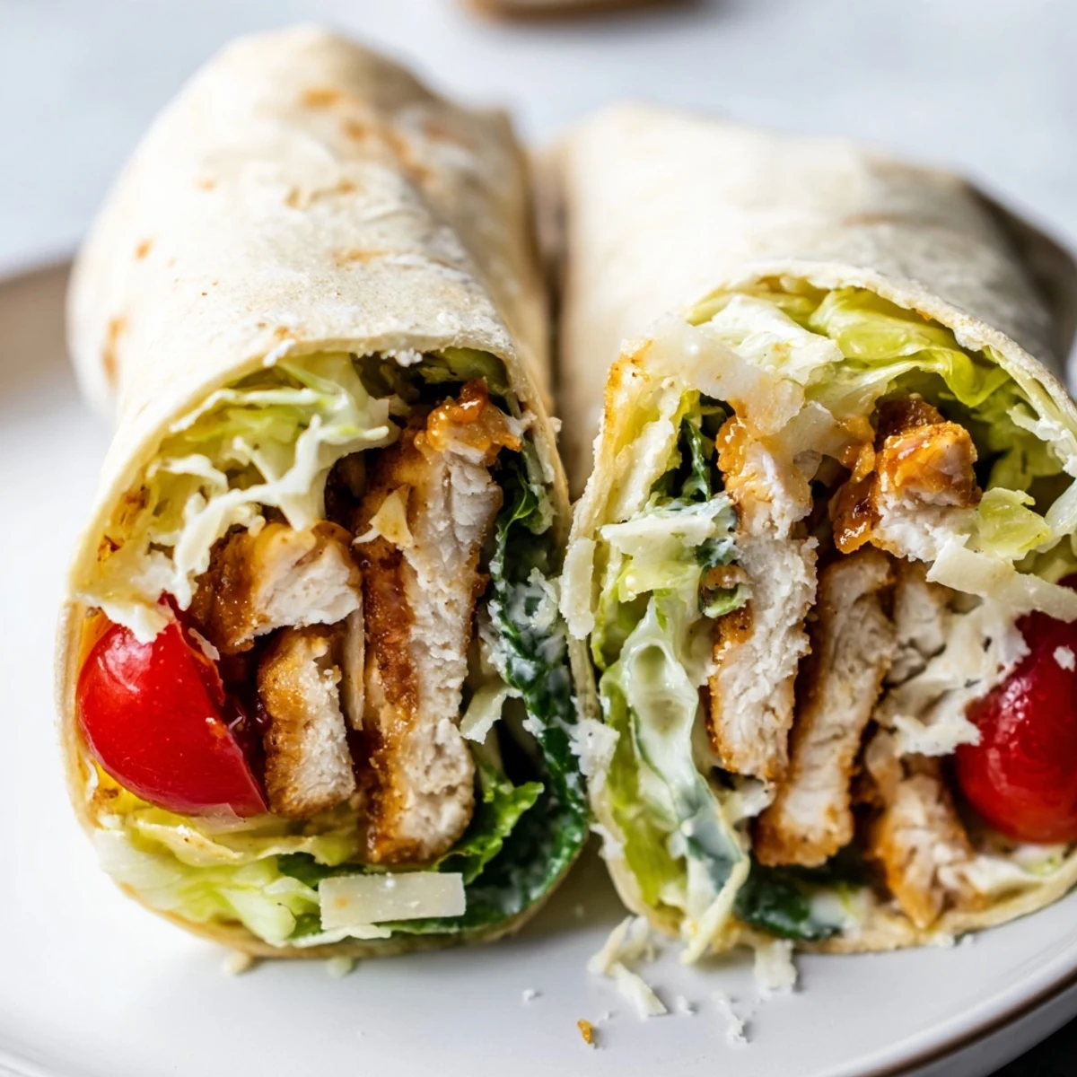 A handheld Hot Honey Chicken Caesar Wrap served on a rustic plate, ready to enjoy with a side of extra drizzle.