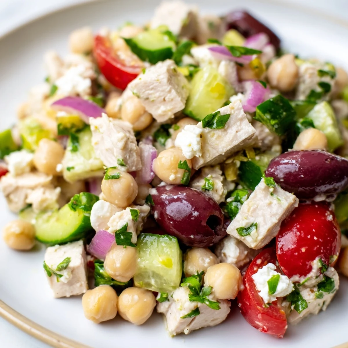 A close-up of Mediterranean Chickpea Chicken Salad with feta and Kalamata olives.