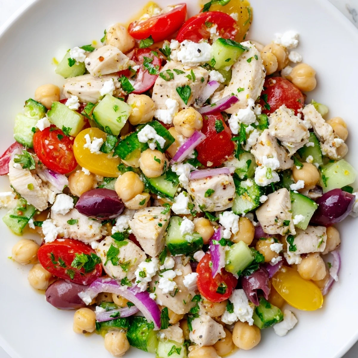 This protein-packed Mediterranean Chickpea Chicken Salad is plated with pita bread, perfect for a light dinner.