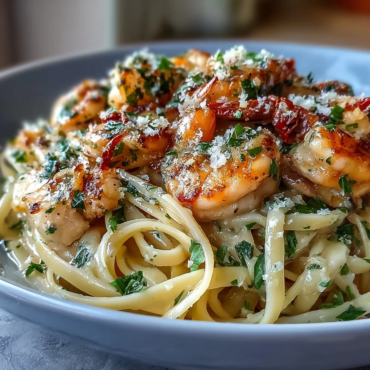 A vibrant plate of Lemon Garlic Shrimp & Chicken Pasta with tender pieces of shrimp and chicken tossed in a glossy, buttery lemon sauce.  