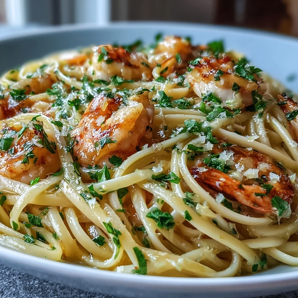 Close-up of Lemon Garlic Shrimp & Chicken Pasta showing juicy shrimp and golden chicken nestled in linguine with shimmering sauce.