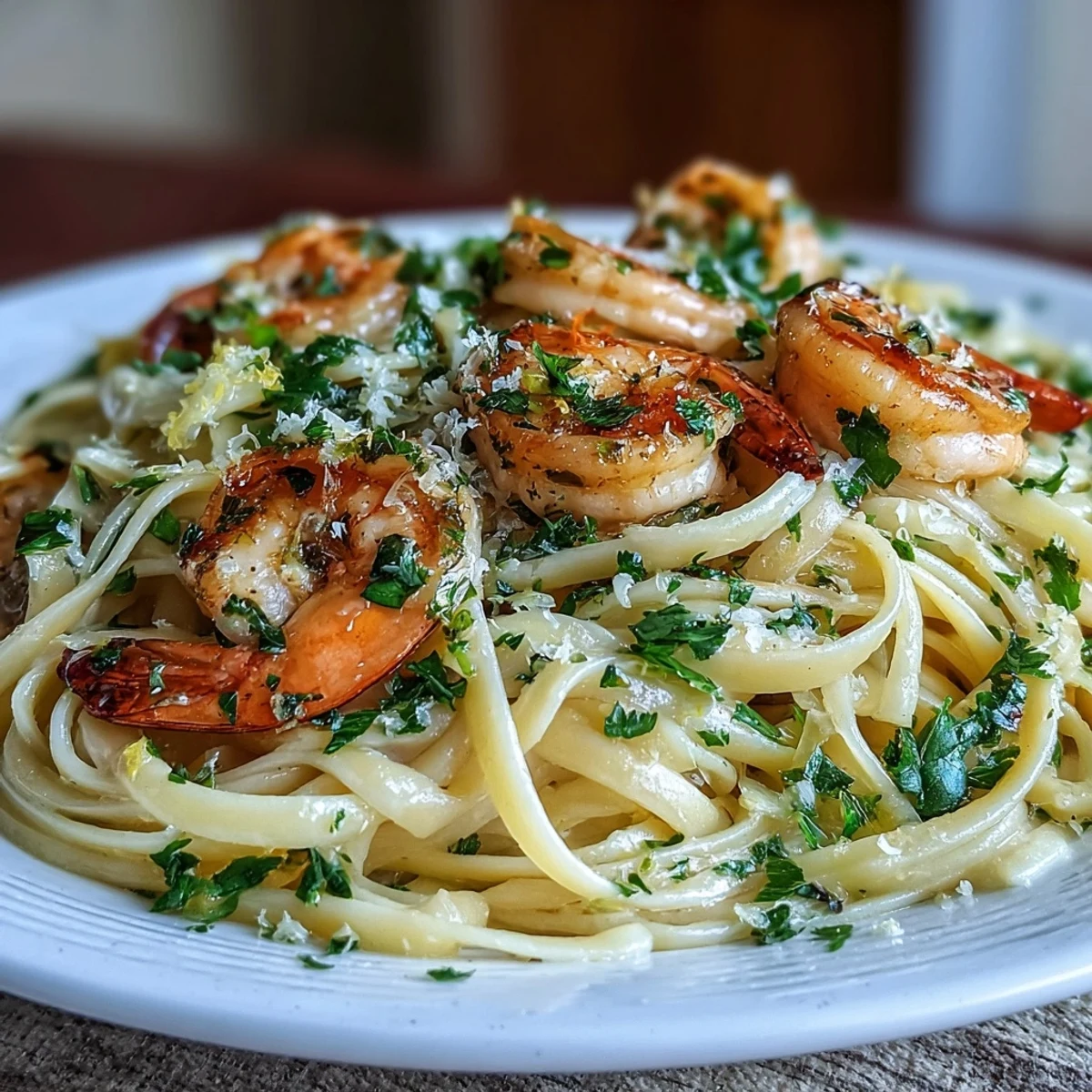 Heaping serving of Lemon Garlic Shrimp & Chicken Pasta garnished with fresh parsley and lemon wedges on a rustic wooden table.  