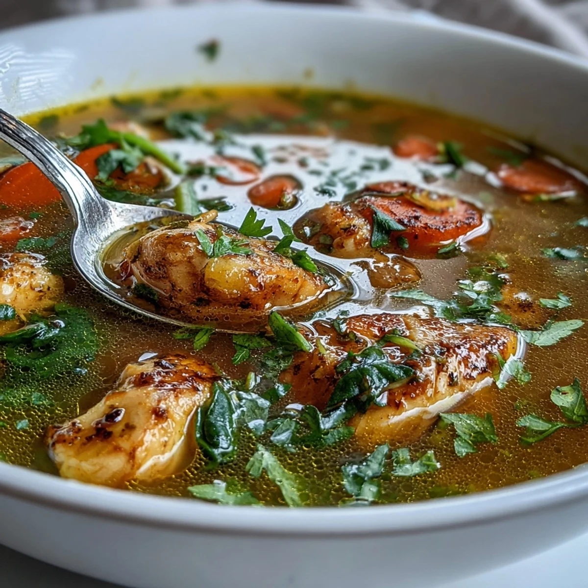 Close-up of Turmeric Chicken Soup in a rustic pot, showing tender chicken and vibrant spinach leaves.