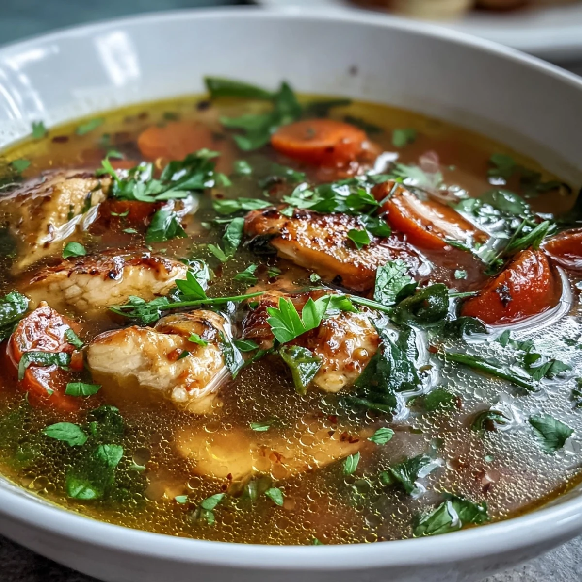 Steam rises from a spoonful of Turmeric Chicken Soup, highlighting its bright yellow broth and herbs.