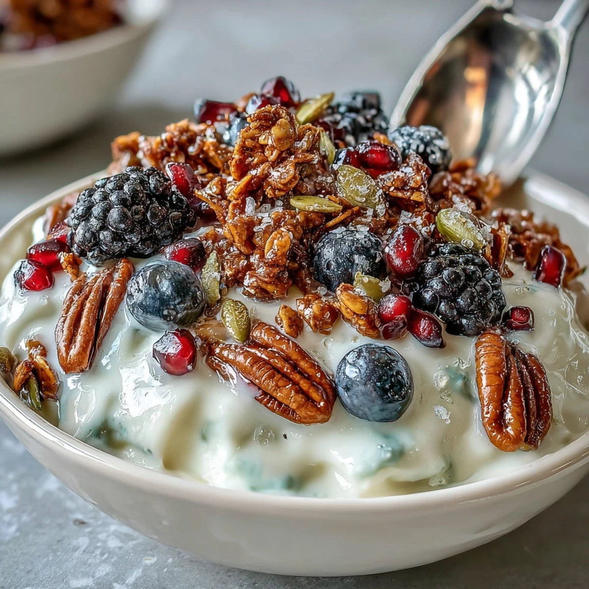 A vibrant Yogurt Bowl with Winter Berries and Spiced Crunch, featuring creamy yogurt topped with fresh blueberries and spiced oat clusters.